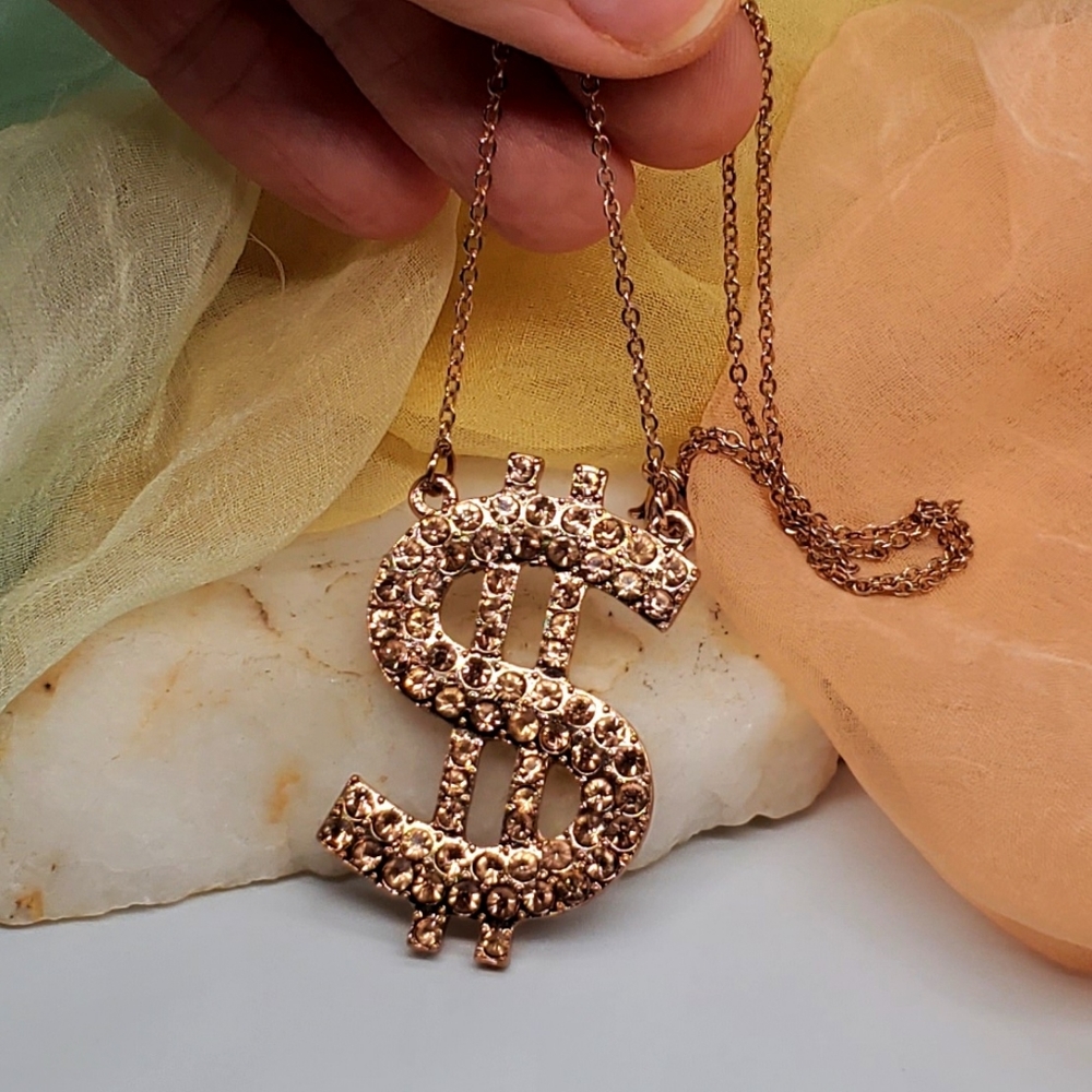 ❤️ Rose Gold Tone Necklace Dollar $ Pendant Czech Crystals Pave Lightweigt